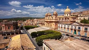 Noto, Sicily, Italy. Aerial cityscape image of historical city of Noto, Sicily with Noto Cathedral at sunny day