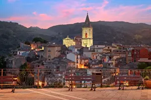 Novara di Sicilia, Italy village skyline on the island of Sicily at dusk