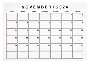 Sheet Prints: November 2024 monthly calendar page isolated on white background, Saved clipping path