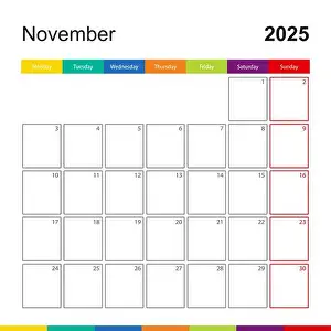 Monday Prints: November 2025 colorful wall calendar, week starts on Monday. 2025 Calendar template