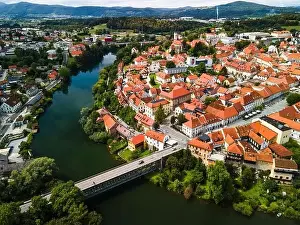 Mesto Prints: Novo Mesto Cityscape at Bend of the Krka River in Slovenia Lower Carniola Region