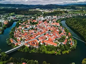 Mesto Prints: Novo Mesto Cityscape at Bend of the Krka River in Slovenia Lower Carniola Region