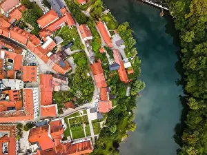 Mesto Prints: Novo Mesto Cityscape at Bend of the Krka River in Slovenia Lower Carniola Region