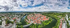 Mesto Prints: Novo Mesto Cityscape at Bend of the Krka River in Slovenia Lower Carniola Region