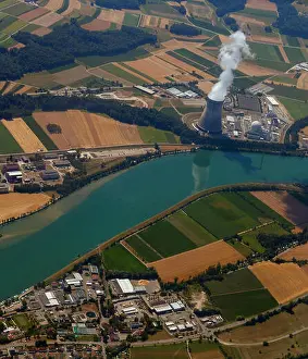 Threats Prints: nuclear power plant with a bird's-eye view. pollution of ecology