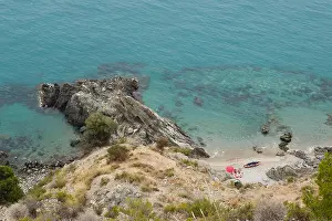 Tranquillity Prints: Nudist couple on small hidden beach near Alberquillas beach, Nerja. Southern Spain