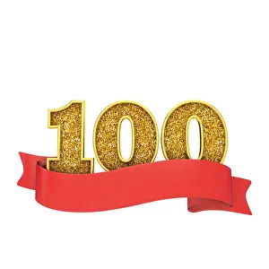 Glittering Prints: Number 100 gold glitter celebration with a red scroll banner. 3D Render