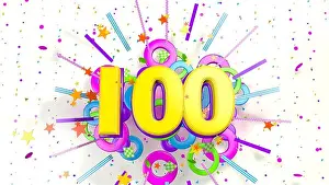 White Color Prints: Number 100 for promotion, birthday or anniversary on an explosion of confetti
