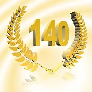 Gold Colored Prints: Number 140 with laurel wreath or honor wreath as a 3D-illustration, 3D-rendering