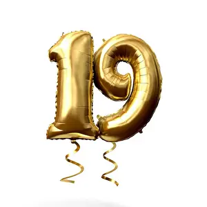 Numeral Prints: Number 19 gold foil helium balloon isolated on a white background. 3D Render
