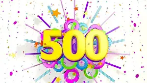 Number 500 for promotion, birthday or anniversary on an explosion of confetti, stars, lines and circles of purple, blue, yellow, red and green colors