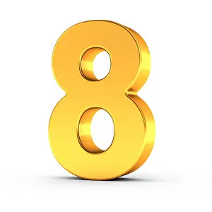 Polished Prints: The number eight as a polished golden object over white background with clipping path for quick and accurate isolation