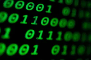 Coding Prints: Numerical continuous code in green color, abstract web data in binary code