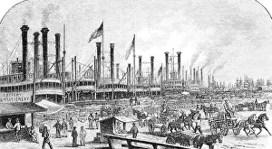 Mississippi Prints: Numerous steamboats with smoking chimneys at the quay in the harbour of New Orleans on the Mississippi