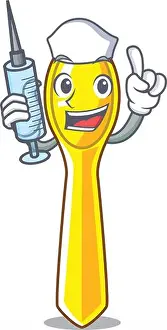 Medic Prints: Nurse cartoon plastic spoon on dining table vector illustration