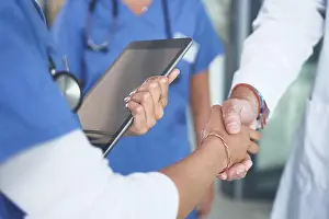 Shaking Hands Prints: Nurse, doctor and handshake in hospital
