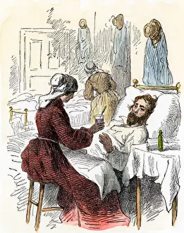 Injured Prints: Nurse treating a wounded soldier in a Civil War hospital. Hand-colored woodcut