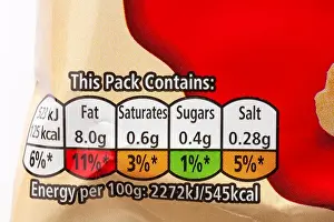 Packet Prints: Nutritional information traffic lights system labelling colour coded label on packet of Walkers Crinkles simply salted