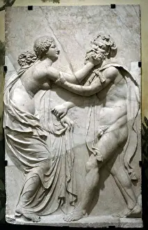 Ancient Age Prints: Nymph and old satyr. Relief. From Herculaneum