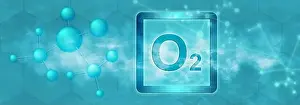 O2 symbol. oxygen molecule with molecule and network on blue background