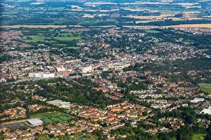 Essex Prints: Oblique aerial view through plane window of Bishop's Stortford town