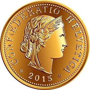Liechtenstein Prints: Obverse of 5 centimes gold coin Swiss franc with head of Liberty and legend CONFOEDERATIO HELVETICA
