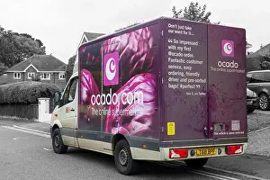 Delivery Van Prints: Ocado van, Ocado delivery van, stopped in street to deliver home groceries at Poole