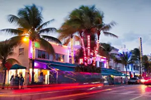 Miami Prints: Ocean Drive at night in the South Beach neighborhood of Miami Beach, Florida, USA