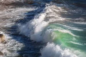 Ocean Wave Prints: Ocean wave background breaking sea water rocky shore rough seas turquoise water gradient foam