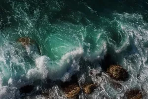 Ocean Wave Prints: Ocean wave background breaking sea water rocky shore rough seas turquoise water gradient foam