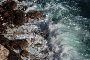 Ocean Wave Prints: Ocean wave background breaking sea water rocky shore rough seas turquoise water gradient foam