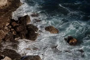 Hurricane Prints: Ocean wave background breaking sea water rocky shore rough seas turquoise water gradient foam
