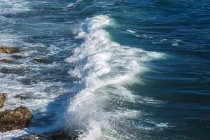 Hurricane Prints: Ocean wave background breaking sea water rocky shore rough seas turquoise water gradient foam
