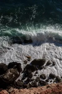 Hurricane Prints: Ocean wave background breaking sea water rocky shore rough seas turquoise water gradient foam