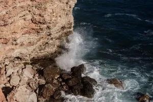Hurricane Prints: Ocean wave background breaking sea water rocky shore rough seas turquoise water gradient foam