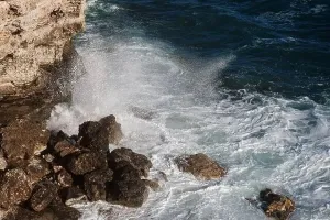 Hurricane Prints: Ocean wave background breaking sea water rocky shore rough seas turquoise water gradient foam