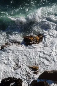 Hurricane Prints: Ocean wave background breaking sea water rocky shore rough seas turquoise water gradient foam