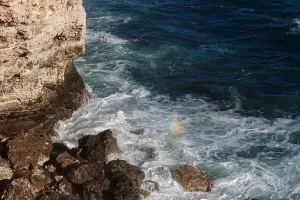 Swell Prints: Ocean wave background breaking sea water rocky shore rough seas turquoise water gradient foam