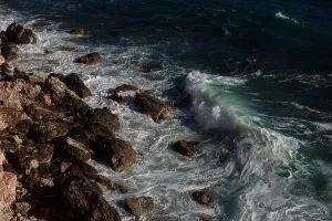 Swell Prints: Ocean wave background breaking sea water rocky shore rough seas turquoise water gradient foam