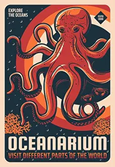 Cephalopod Prints: Oceanarium aquarium giant pacific octopus retro poster