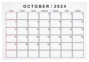 October 2024 monthly calendar page isolated on white background, Saved clipping path