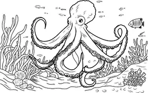 Meditative Prints: Octopus coloring book. Coloring page simple line illustration of octopus and underwater world