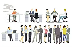 Businessmen Prints: Office work at the desk, discussion of employees, illustration