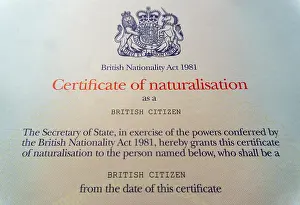 Identification Prints: Official certificate of naturalisation awarded to new British Citizens