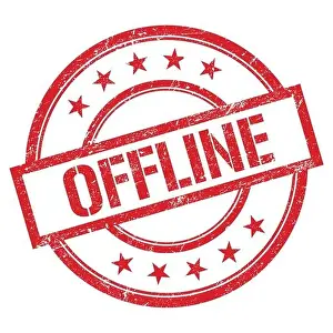 Offline Prints: OFFLINE text written on red round vintage rubber stamp