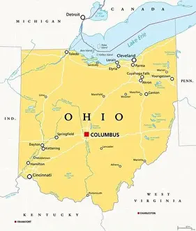 Charleston Prints: Ohio, OH, political map. State in East North Central region of Midwestern United States of America