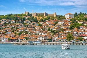 Images Dated 31st August 2017: Ohrid Lake and old town city, Samuel's Fortress at the top, Macedonia