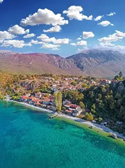 Blue City Prints: Ohrid Lake and Tarpeica little city in Macedonia - drone photography