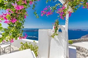 Images Dated 9th October 2019: Oia town on Santorini island, Greece. Traditional famous white blue houses wih flowers under sunny