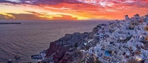 Images Dated 24th July 2021: Oia village at night, Santorini island. Famous travel landscape, luxury vacation destination scenic